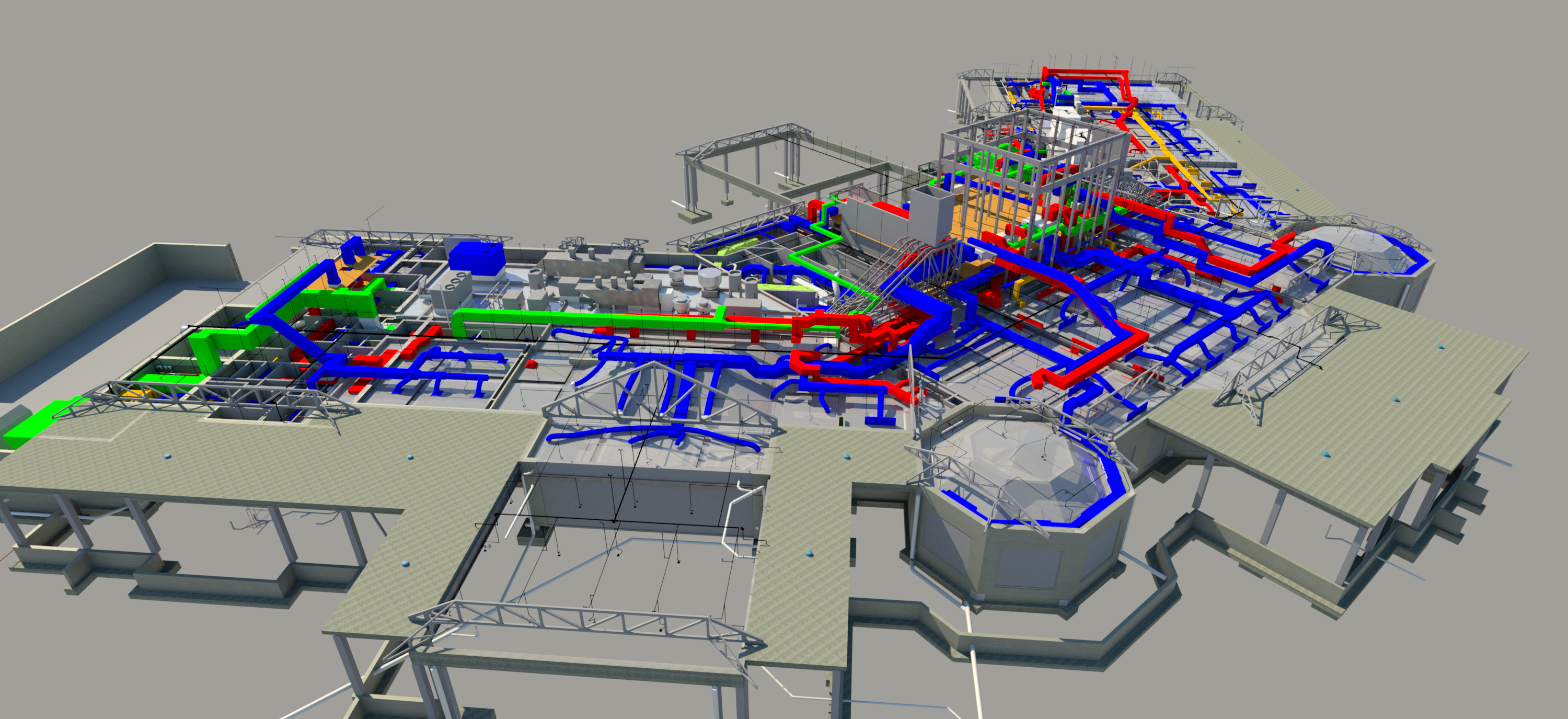 Federated BIM coordination model — Quail Ridge Clubhouse, with color-coded mechanical systems