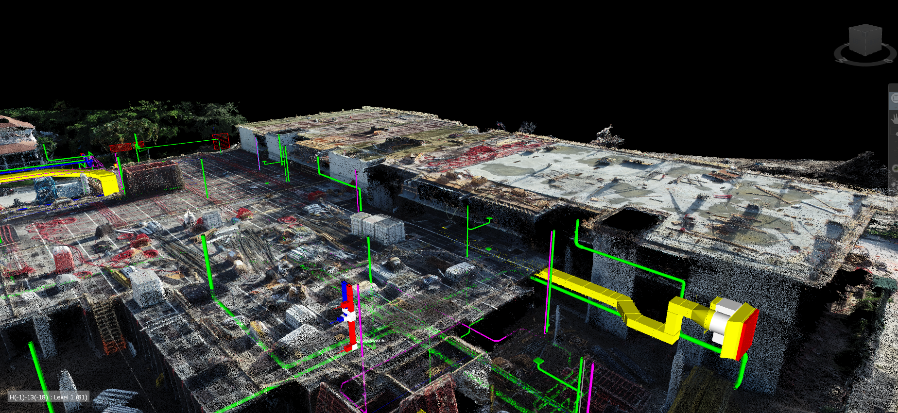 Coordinated MEP model overlaid on a jobsite laser-scan point cloud